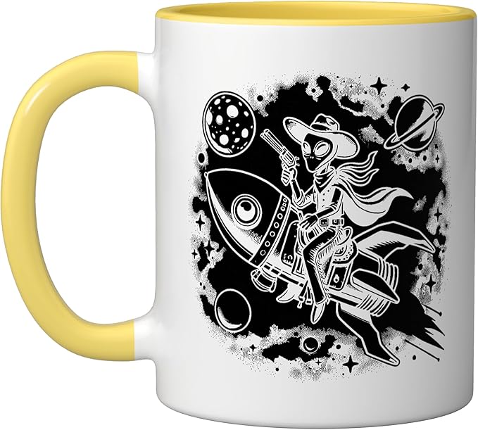 Alien Lover Flying Saucer UFO Extraterrestrial Cowboy Ceramic Mug, Yellow/White