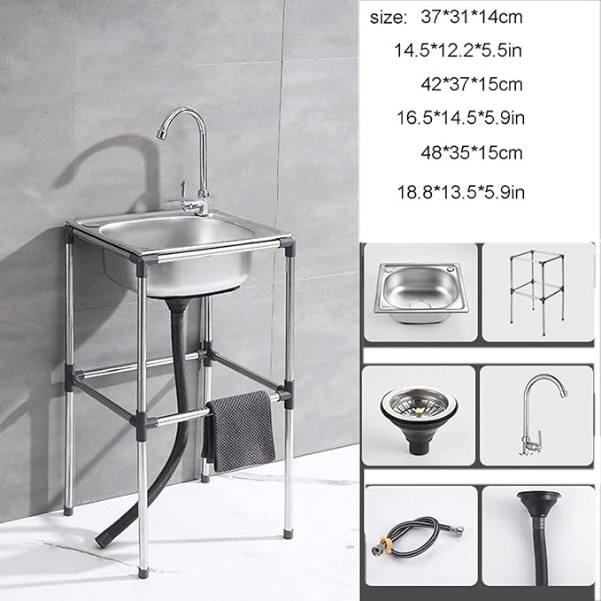 Movable Stainless Steel Kitchen Sink, For Washing Hands, Commercial Restaurant Utility Fish Cleaning Table, Kitchen Sink For Restaurant, Bar, Laundry, Garage, Backya,With Faucet-48*35*15cm