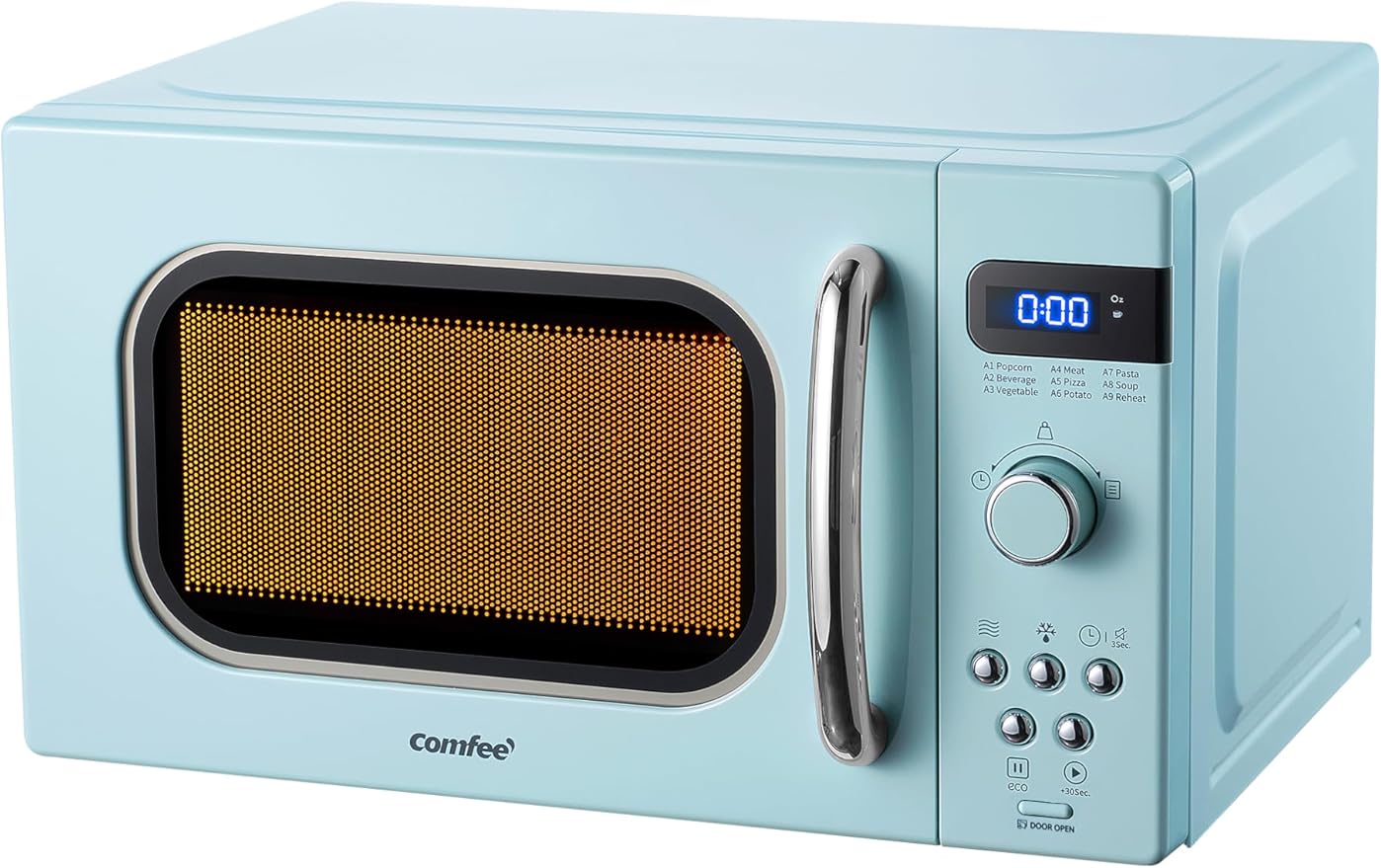 COMFEE' Retro Small Microwave Oven With Compact Size, 9 Preset Menus, Position-Memory Turntable, Mute Function, Countertop Microwave Perfect For Small Spaces, 0.7 Cu Ft/700W, Green, AM720C2RA-G