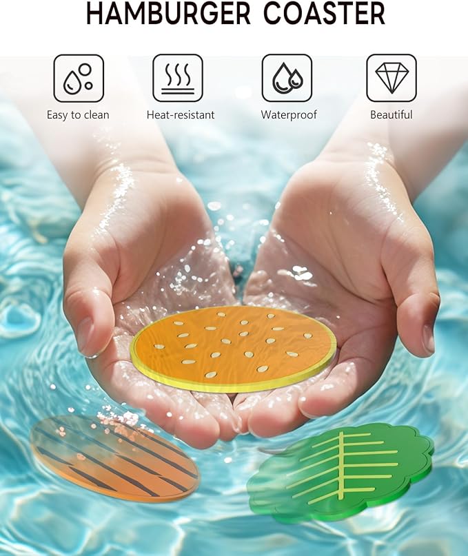 WOCOCN Cute Hamburger Coasters for Drinks, Funny Non-Slip Silicone Coasters Set of 8,Waterproof, Heat-Proof, Elastic,Tabletop Protection, Creative Decor for Kitchen, Dinner Desk and Office Desk A
