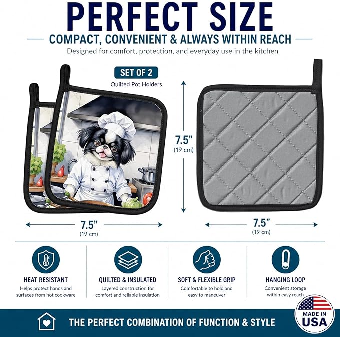 Caroline's Treasures Japanese Chin The Chef Pair of Pot Holders Kitchen Heat Resistant Pot Holders Sets Oven Hot Pads for Cooking Baking BBQ, 7 1/2 x 7 1/2
