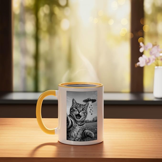 Funny Cat Selfie Easter Eggs Alien UFO Abduction Men Women Ceramic Mug, Yellow/White