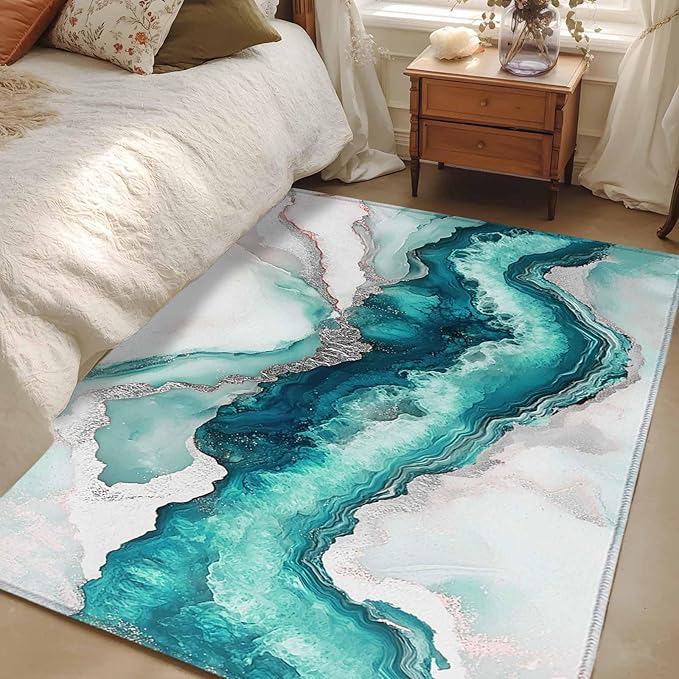 Area Rug 3x5ft, Abstract Blue Marble Texture Washable Rugs for Living Room Bedroom, Modern Luxury Pattern Soft Non-Slip Area Rugs Rectangle Floor Carpet for Dining Room