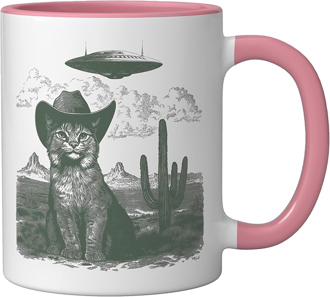 Feline in Hat UFO Sighting Arid Wilderness Cat Design Ceramic Mug, Pink/White