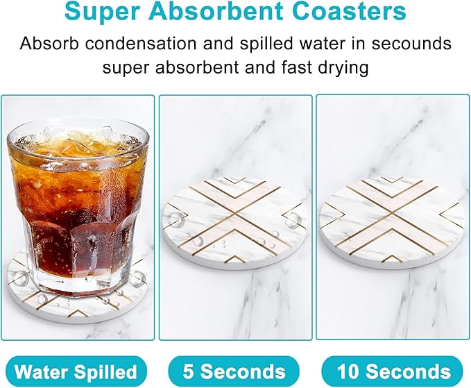 Nipichsha Coasters for Drinks, Set of 6 Cute Absorbent Ceramic Drink Coasters for Cup with Holder and Cork Base, Kitchen Home Decor Housewarming Gift, Round 4 in, White Gold Line