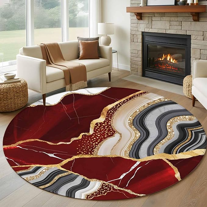 Washable Round Area Rug Abstract Flowing Marble Fluid Art Circle Rugs Floor Carpet for Living Room Bedroom, Red and Gold Lines Soft Non Slip Round Rug 5ft
