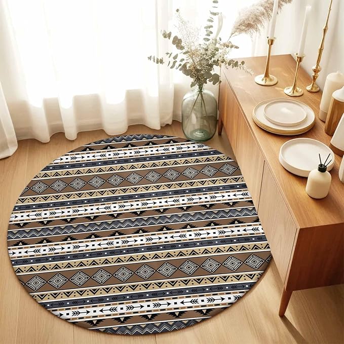 Washable Round Area Rug Boho Tribal Stripes Circle Rugs Floor Carpet for Living Room Bedroom, Ethnic Borders Arrow Motifs Soft Non Slip Round Rug 3ft
