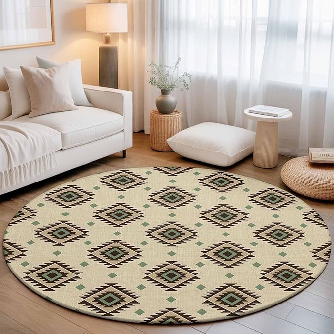 Washable Round Area Rug Boho Tribal Diamond Pattern Circle Rugs Floor Carpet for Living Room Bedroom, Ethnic Style Art Soft Non Slip Round Rug 5ft