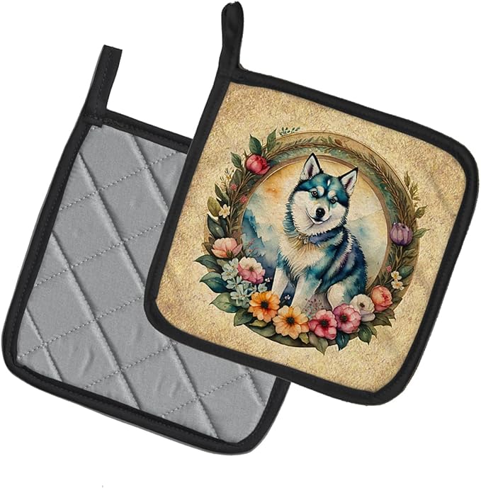 Caroline's Treasures Alaskan Klee Kai and Flowers Pair of Pot Holders Kitchen Heat Resistant Pot Holders Sets Oven Hot Pads for Cooking Baking BBQ, 7 1/2 x 7 1/2