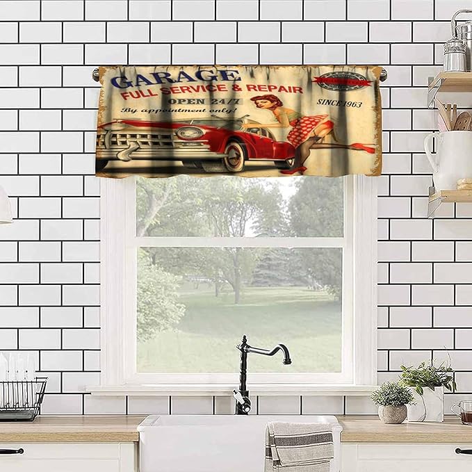 Car Vintage Garage Valance Curtain Retro Girl 1960S Mechanic Classic Signboard 1950S Aged Rod Pocket Valance Window Treatments Short Curtains for Kitchen Bathroom 54x18inch