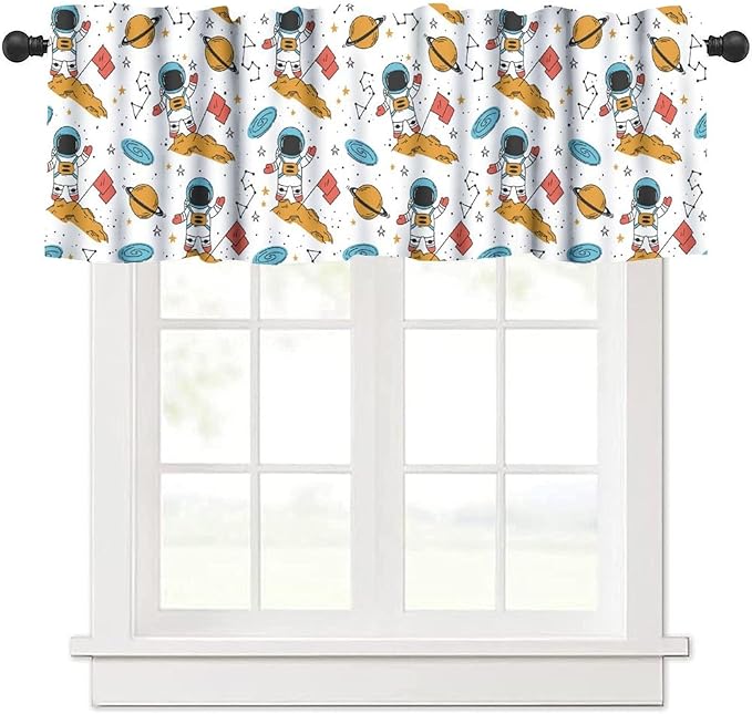 Cartoon Space Astronaut Valance, Funny Spaceman Stars Planet Kids Boys Girls Window Treatment for Kitchen Dining Room Bedroom Nursery, 54x18Inch