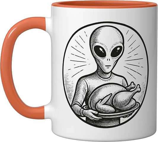 Alien with Thanksgiving Turkey Ceramic Mug, Orange/White