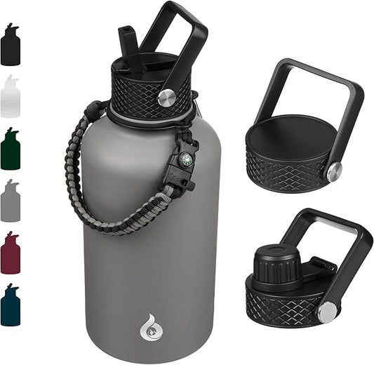 BJPKPK Half Gallon Insulated Water Bottles with Straw Lid, 64oz Large Water Jug, Stainless Steel Bottles with 3 Lids and Paracord Handle, Thermo for Hot & Cold Liquid, Gray