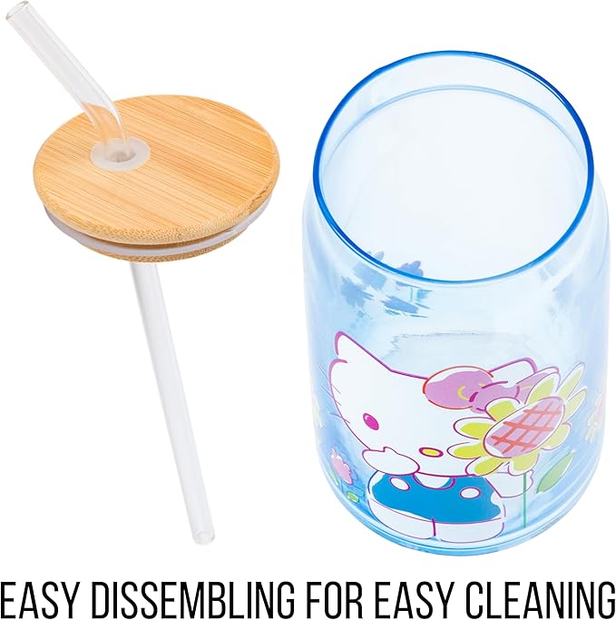 Silver Buffalo Sanrio Hello Kitty Floral Glass Tumbler with Bamboo Lid and Glass Straw, 16 Ounces