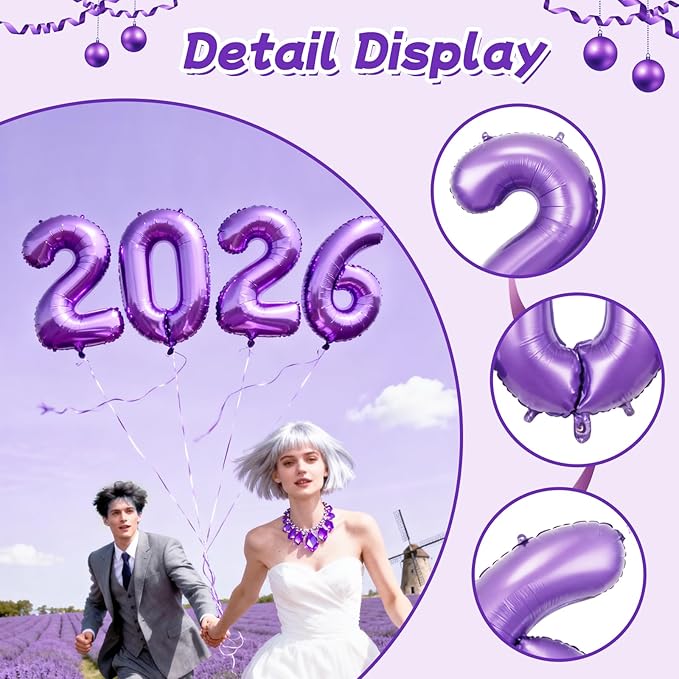 Purple 2026 Balloons, Jumbo 40 Inch Foil 2026 Number Balloons, Grad Balloons for Class of 2026 Graduation Party, Purple Matellic Foil New Year Birthday Home Office Party Supplies