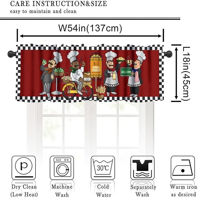 Funny Chef Kitchen Valance, Vintage Checkered Cartoon Bakers Coffee Short Window Drapes for Kitchen Dining Room Resturant Bedroom, 54x18Inch