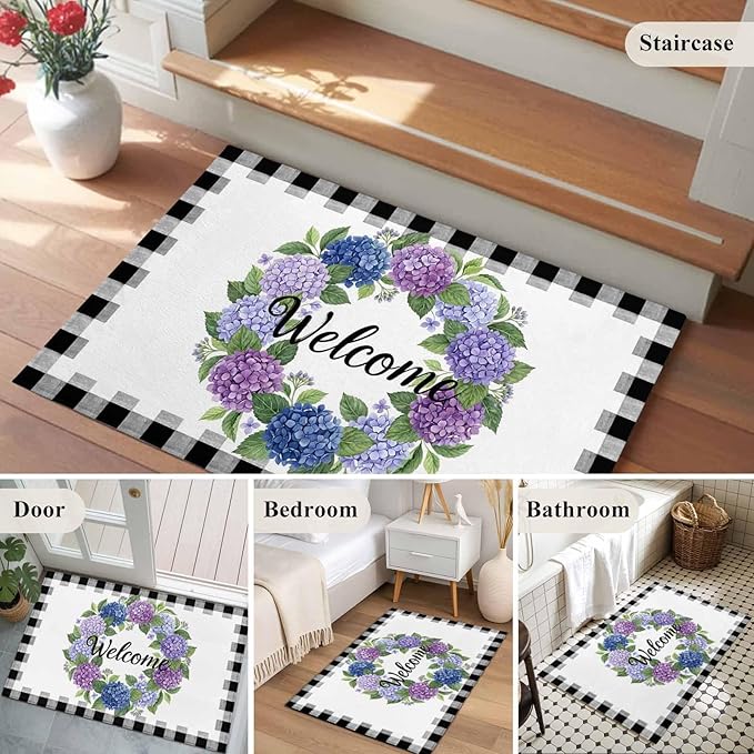 Area Rug 2x3ft, Summer Hydrangea Leaf Washable Rugs for Living Room Bedroom, Purple Blue Flower Buffalo Check Soft Non-Slip Area Rugs Rectangle Floor Carpet for Dining Room