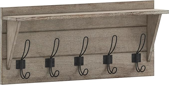 Flash Furniture Daly Wall Mounted Storage Rack - Weathered Solid Pine Wood - 24 Inch - Upper Shelf and 5 Hooks - For Entryway, Kitchen, Bathroom