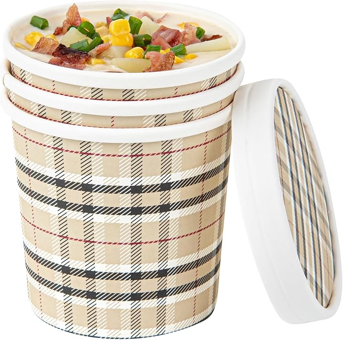 Restaurantware Bio Tek 12 Ounce Soup Containers 200 Durable Soup Bowls - Disposable Sustainable Plaid Print Paper Soup Cups Round For Hot Or Cold Foods