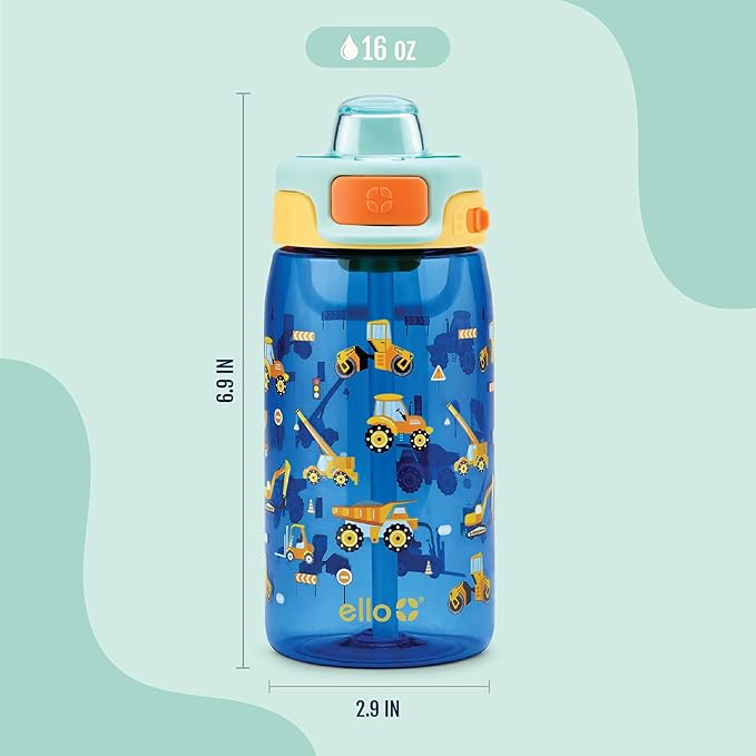 Ello Kids Pop & Fill 16oz Tritan Plastic Water Bottle with Quick Fill Technology, Leak Proof Locking Lid, Sip & Chug, BPA Free, Dishwasher Safe, For School, Lunchboxes, Construction