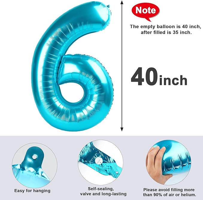 Number 6 Balloon 40 Inch, 6 7 Six Seven Birthday Decorations, 6th Birthday Balloon for Men Women, Light Blue 16 60 61 65 Numbers Balloons Graduations Anniversary Supplies
