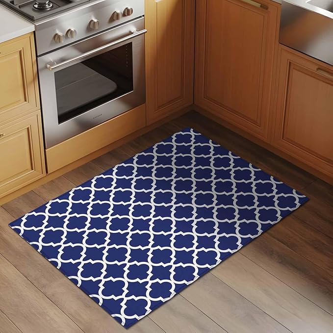 Area Rug 2x3ft, Navy Blue Moroccan Plaid Washable Rugs for Living Room Bedroom, White Line Buffalo Lattice Soft Non-Slip Area Rugs Rectangle Floor Carpet for Dining Room