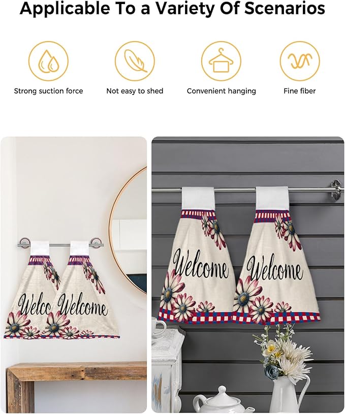 Alandar Home Kitchen Tie Towel Set of 1, Watercolor Daisy Red Blue Plaid Absorbent Soft Hand Towels for Bathroom Hanging Towels, Independence Day Flower on Flax Fast Drying Cleaning Cloth with Loop