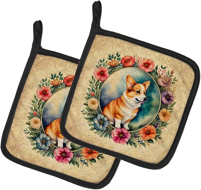 Caroline's Treasures Corgi and Flowers Pair of Pot Holders Kitchen Heat Resistant Pot Holders Sets Oven Hot Pads for Cooking Baking BBQ, 7 1/2 x 7 1/2