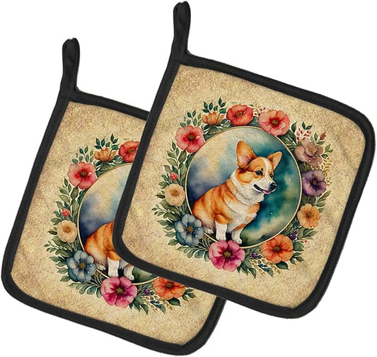 Caroline's Treasures Corgi and Flowers Pair of Pot Holders Kitchen Heat Resistant Pot Holders Sets Oven Hot Pads for Cooking Baking BBQ, 7 1/2 x 7 1/2