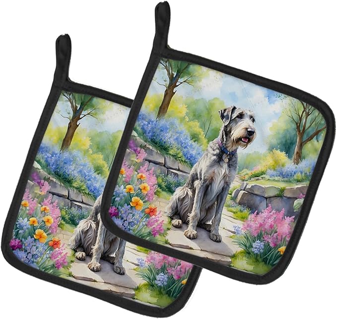 Caroline's Treasures Irish Wolfhound Spring Path Pair of Pot Holders Kitchen Heat Resistant Pot Holders Sets Oven Hot Pads for Cooking Baking BBQ, 7 1/2 x 7 1/2