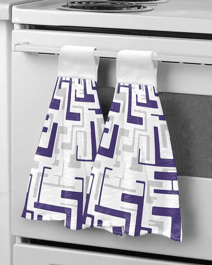 Alandar Home Kitchen Tie Towel Set of 2, Modern Abstract Purple Gray Stripes Absorbent Soft Hand Towels for Bathroom Hanging Towels, Geometric Square Art Fast Drying Cleaning Cloth with Loop