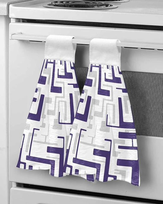 Alandar Home Kitchen Tie Towel Set of 2, Modern Abstract Purple Gray Stripes Absorbent Soft Hand Towels for Bathroom Hanging Towels, Geometric Square Art Fast Drying Cleaning Cloth with Loop