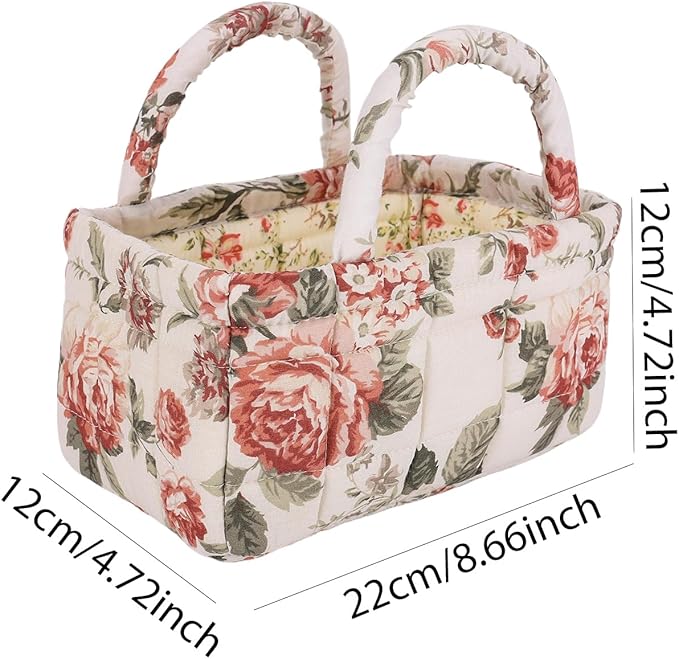 Quilted Fabric Storage Basket Floral Baby Diaper Caddy Quilted Basket for Nursery Bedroom Car Storage