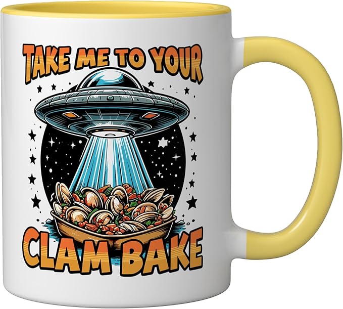 Take Me to Your Clam Bake East Coast Cuisine Funny Clam Bake Ceramic Mug, Yellow/White