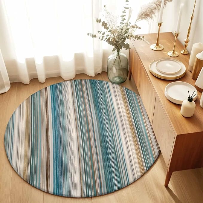 Washable Round Area Rug Minimalist Vertical Stripes Circle Rugs Floor Carpet for Living Room Bedroom, Retro Boho Lines Soft Non Slip Round Rug 5ft