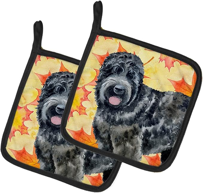 Caroline's Treasures BB9938PTHD Black Russian Terrier Fall Pair of Pot Holders, Yellow Kitchen Heat Resistant Pot Holders Sets Oven Hot Pads for Cooking Baking BBQ, 7 1/2 x 7 1/2