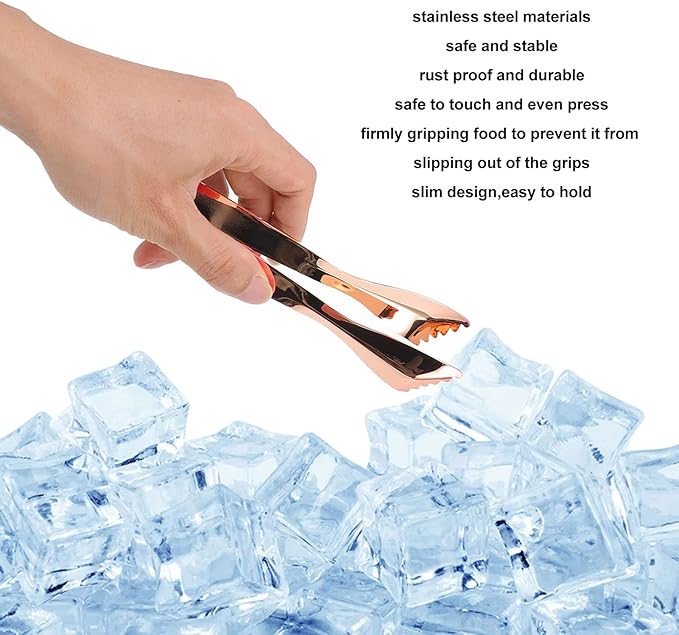 Ice Tongs Food Grade Thicken Stainless Steel Prevents Slipping Sugar Food Tweezers for Home Kitchen Bar Mirror Ice Bucket Party Coffee Bar (Copper Plated)