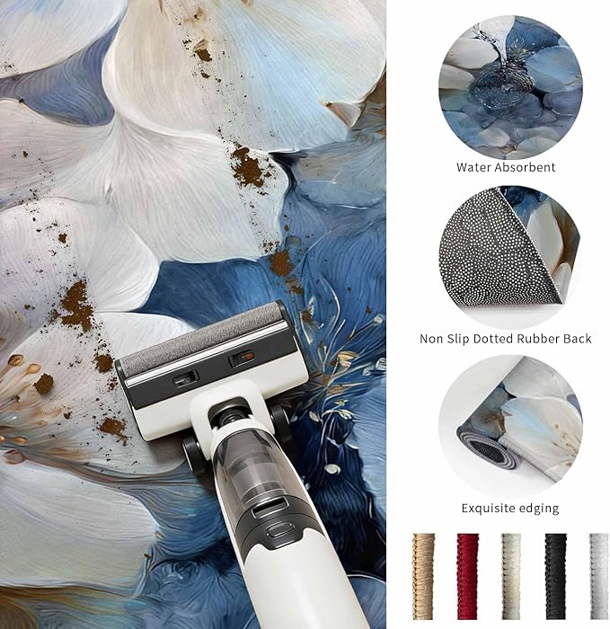 Area Rug 9x12ft, Watercolor White Navy Blue Floral Foliage Washable Rugs for Living Room Bedroom Rectangle Floor Carpet, Abstract Flower Soft Non-Slip Area Rugs for Dining Room
