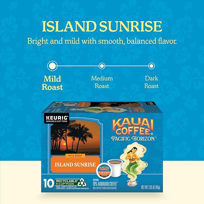 Kauai Coffee K-Cup Pods for Keurig Brewers – Arabica Coffee, 10% Hawaiian – Mild Roast, Light with Bright Aroma – Island Sunrise, 6 Packs of 10 Single Serve K-Cups