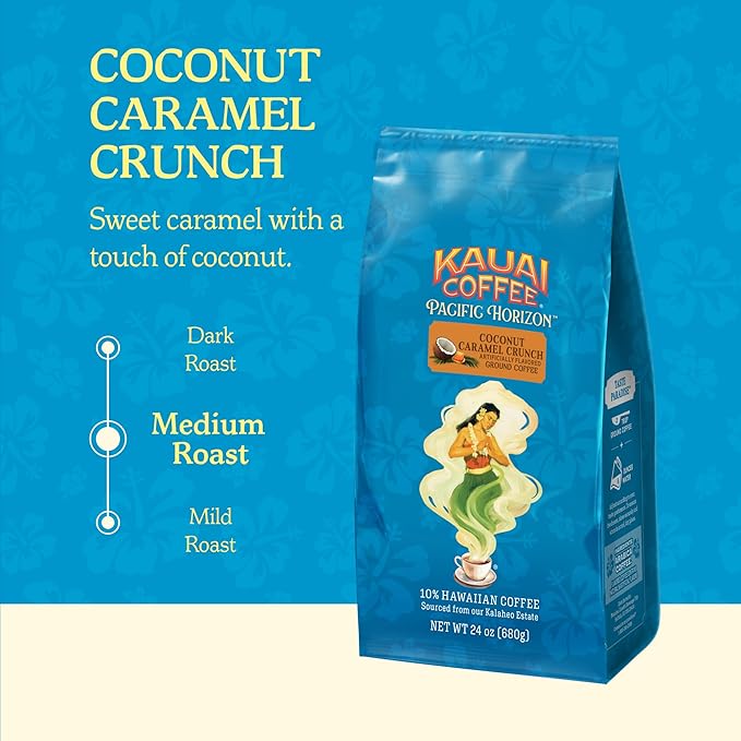 Kauai Coffee Ground Coffee – Smooth, Rich, Medium Roast – Nutty Caramel and Tropical Coconut – Arabica Coffee, 10% Hawaiian with No Bitterness – Coconut Caramel Crunch, 1 Pack of 24oz