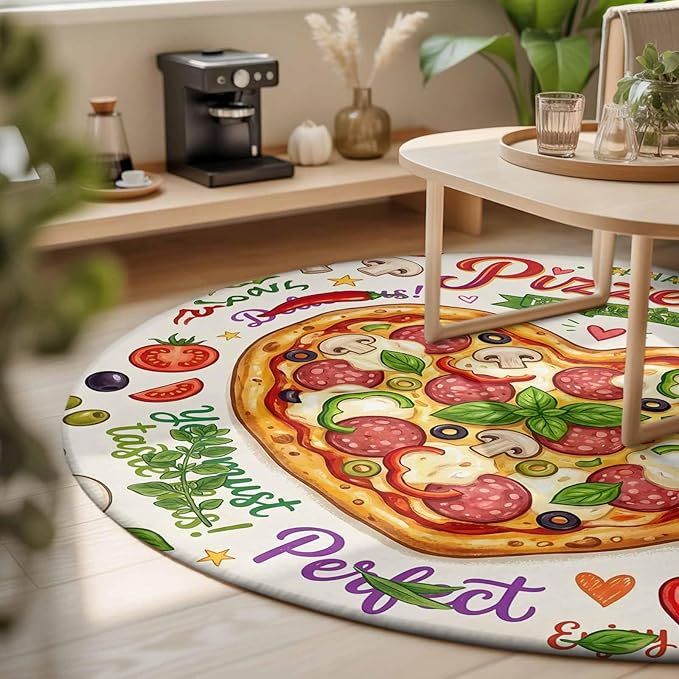 Washable Round Area Rug Cartoon Pizza Watercolor Graffiti Circle Rugs Floor Carpet for Living Room Bedroom, Farmhouse Vegetable Leaves Soft Non Slip Round Rug 3ft