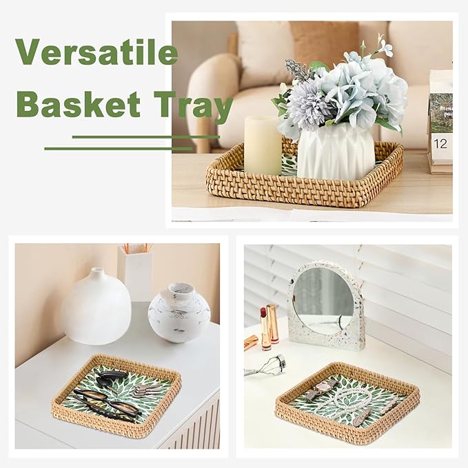Woven Key Basket for Entryway Table Wicker Basket Tray Key Holder Decorative Serving Tray with Mother-of-Pearl Inlay for Jewelry, Green