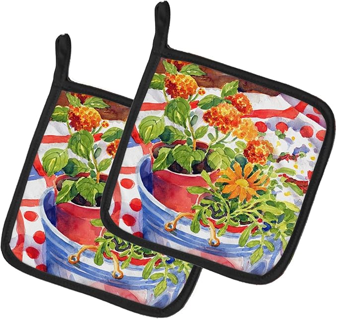 Caroline's Treasures 6058PTHD Flowers with a Side of Lemons Pair of Pot Holders Kitchen Heat Resistant Pot Holders Sets Oven Hot Pads for Cooking Baking BBQ, 7 1/2 x 7 1/2