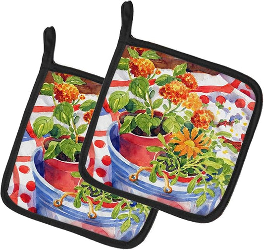 Caroline's Treasures 6058PTHD Flowers with a Side of Lemons Pair of Pot Holders Kitchen Heat Resistant Pot Holders Sets Oven Hot Pads for Cooking Baking BBQ, 7 1/2 x 7 1/2