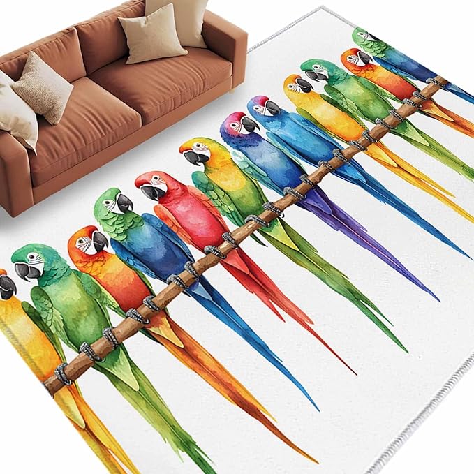 Area Rug 6x9ft, Funny Watercolor Parrot Washable Rugs for Living Room Bedroom, Red Green Blue Gradient Bird Soft Non-Slip Area Rugs Rectangle Floor Carpet for Dining Room