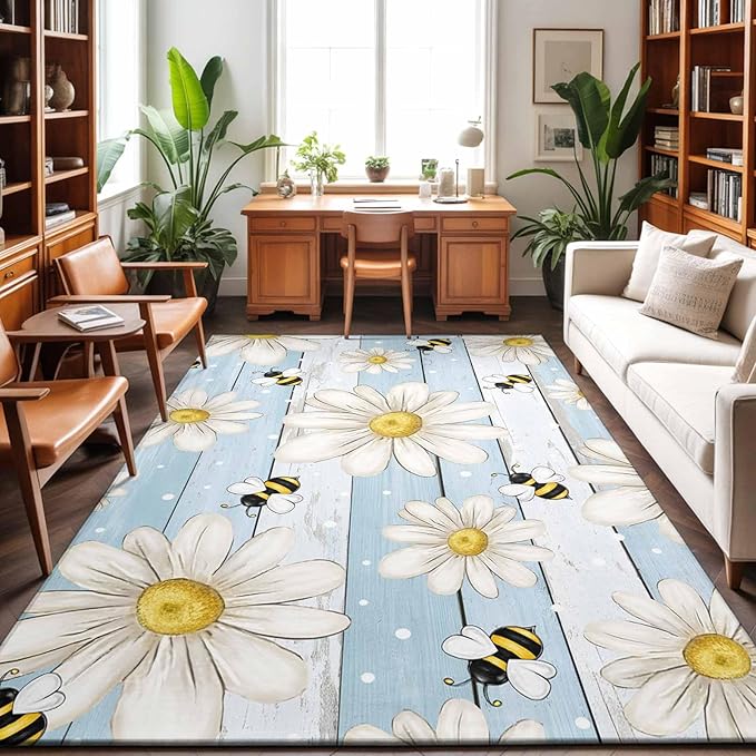 Area Rug 4x6ft, Watercolor White Daisy Floral Bee Washable Rugs for Living Room Bedroom, Rustic Light Blue Wood Plank Soft Non-Slip Area Rugs Rectangle Floor Carpet for Dining Room