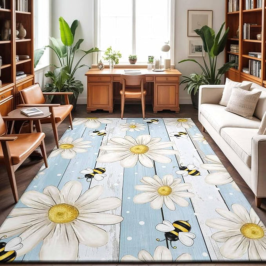 Area Rug 3x5ft, Watercolor White Daisy Floral Bee Washable Rugs for Living Room Bedroom, Rustic Light Blue Wood Plank Soft Non-Slip Area Rugs Rectangle Floor Carpet for Dining Room