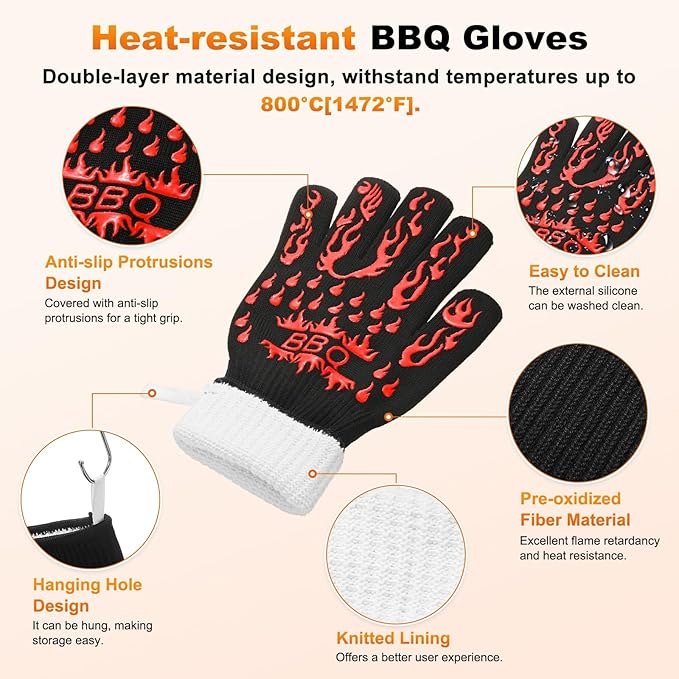 M METERXITY 1-Pair BBQ Gloves, 1472°F Heat Resistant Non-Slip Grilling Oven Gloves for Barbecue/Baking/Cooking [L Size, Red]