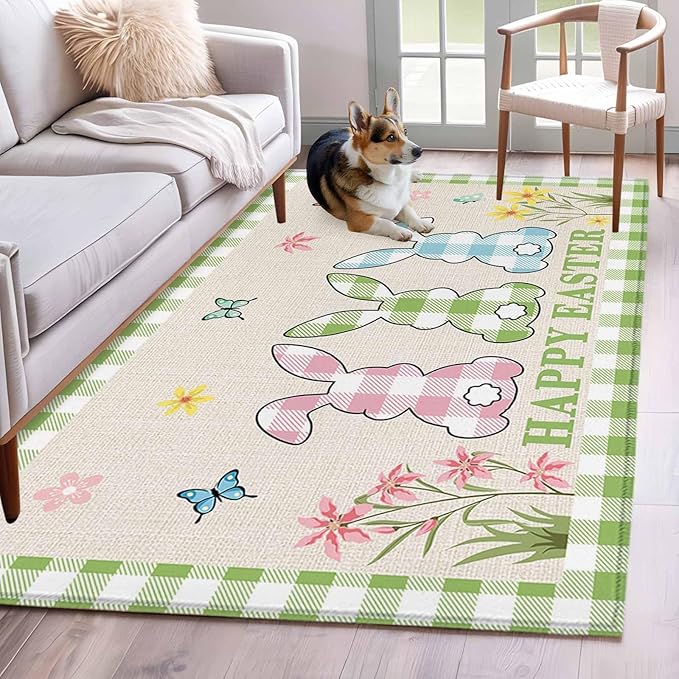 Area Rug 3x5ft, Happy Easter Bunny Shadow Flowers Washable Rugs for Living Room Bedroom, Retro Linen Cotton and Grid Soft Non-Slip Area Rugs Rectangle Floor Carpet for Dining Room