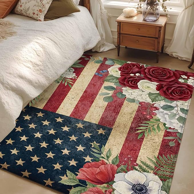 Area Rug 3x5ft, Independence Day 250th Anniversary Washable Rugs for Living Room Bedroom, Vintage USA Flag Floral Soft Non-Slip Area Rugs Rectangle Floor Carpet for Dining Room